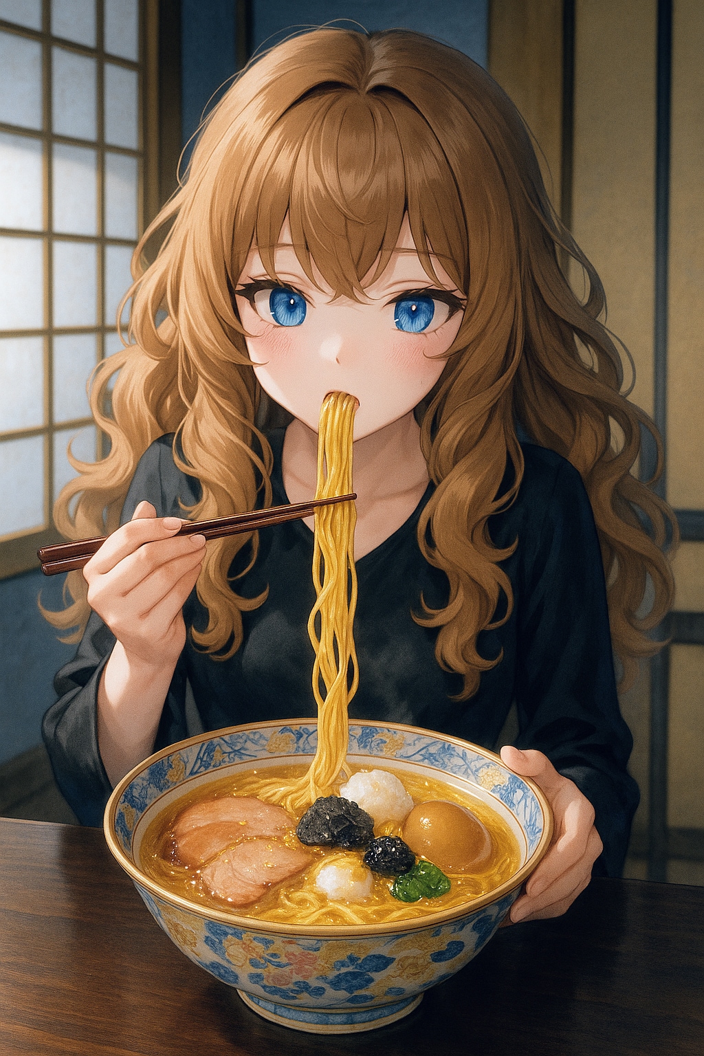 高級ラーメンを食べる小さな女の子