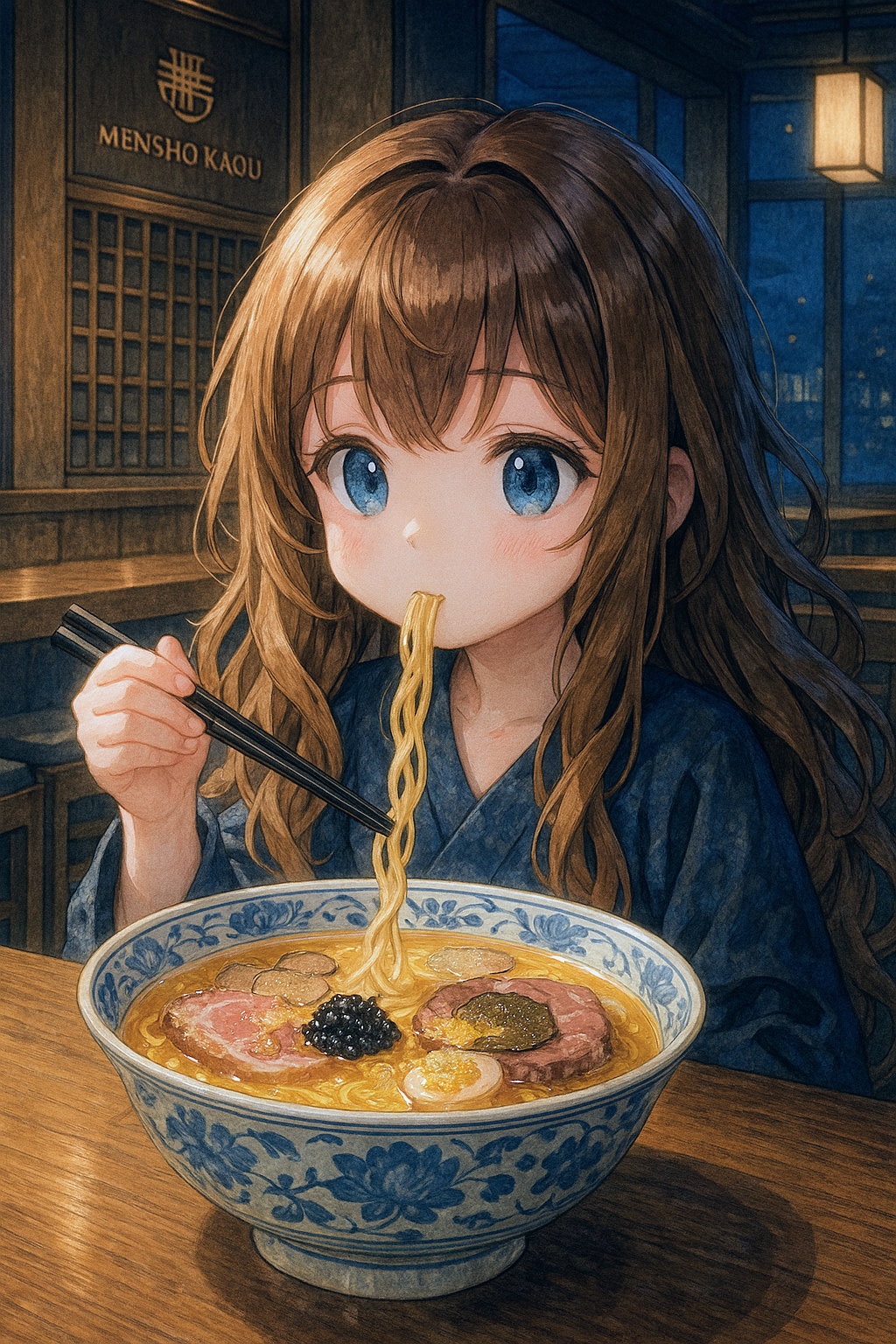 高級ラーメンを食べる小さな女の子