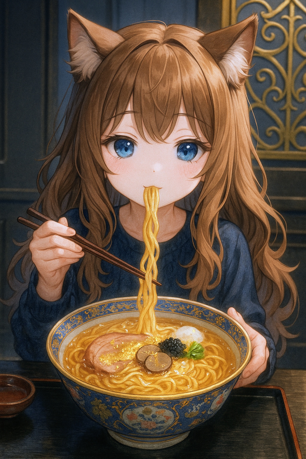 高級ラーメンを食べる小さな女の子