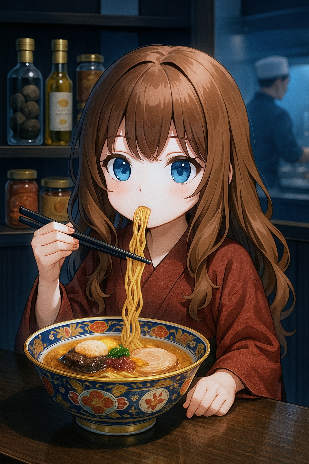 高級ラーメンを食べる小さな女の子
