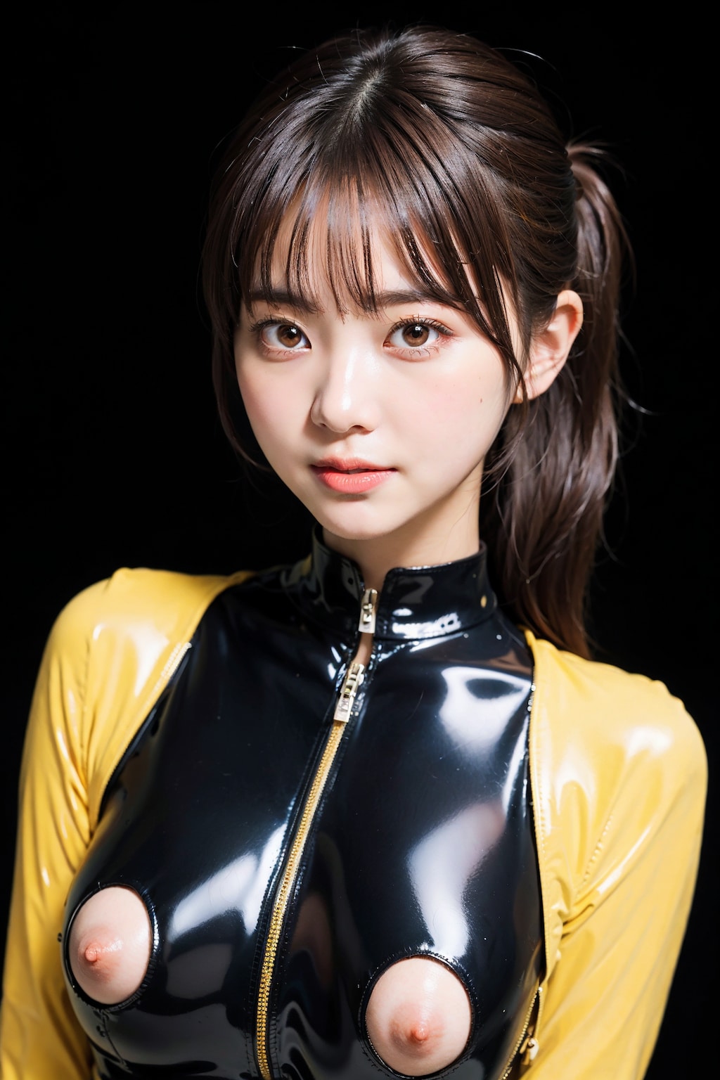 ラテックスボディースーツでポロリ