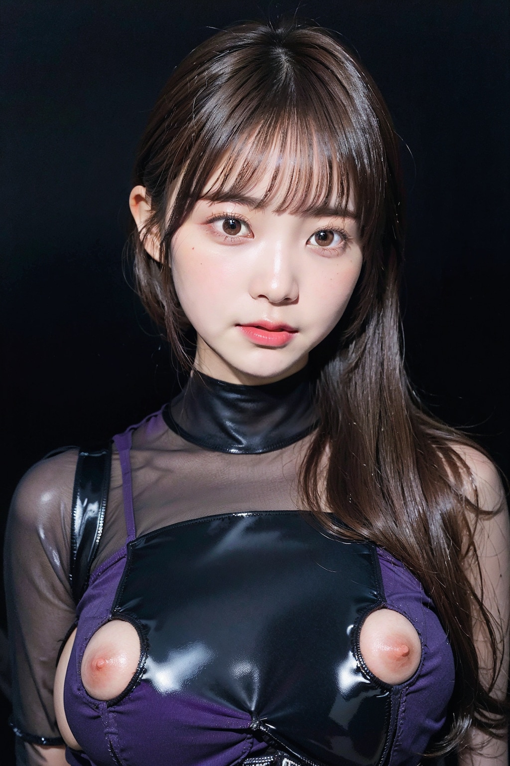 ラテックスボディースーツでポロリ