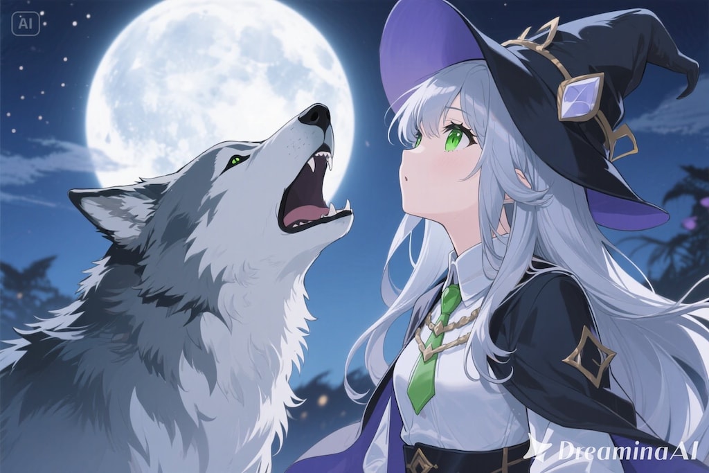 満月に向かって遠吠えするステラちゃんとオオカミ