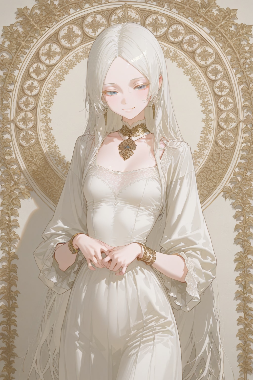 白のロングヘアー、白磁の肌、シルクのロングドレス