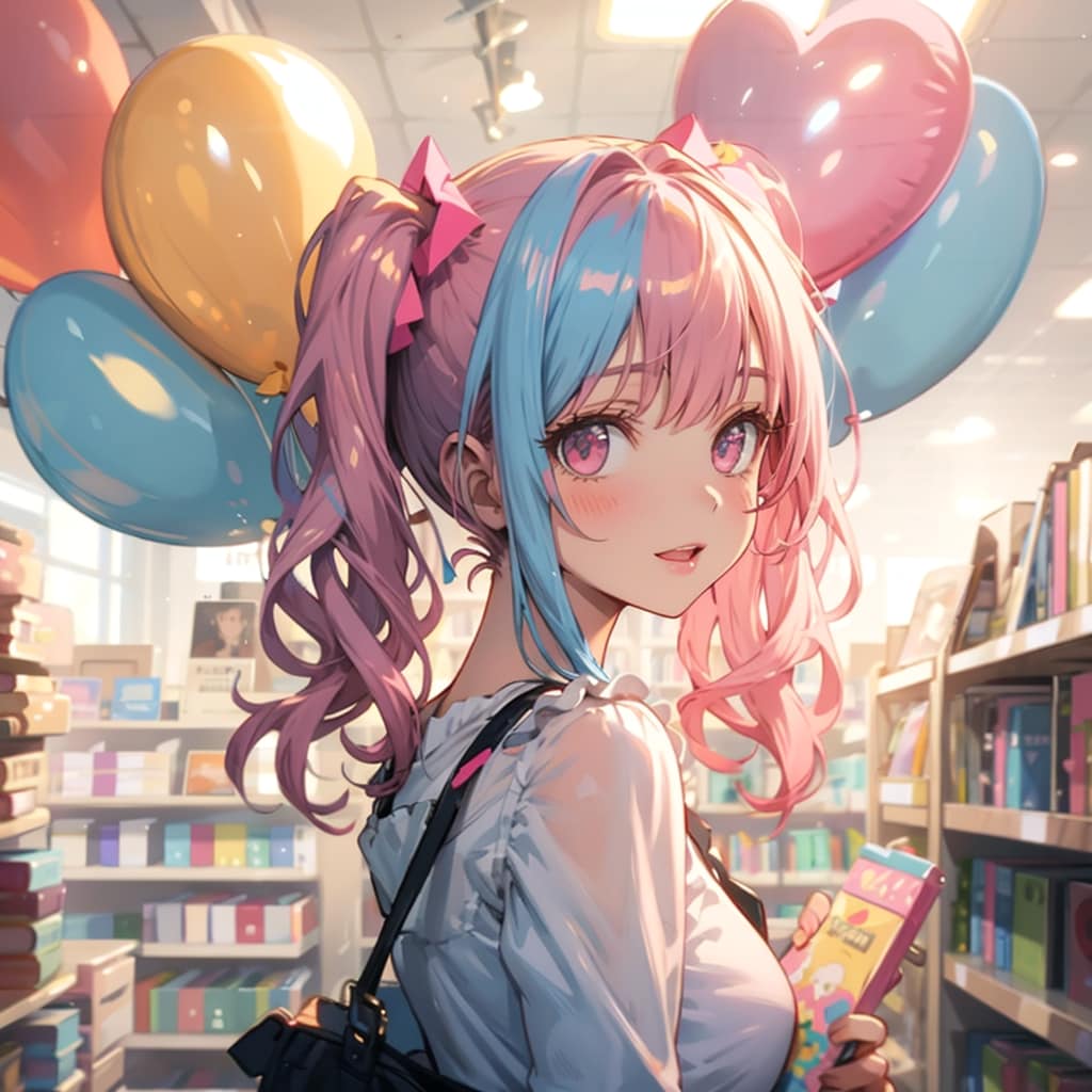 本屋さんでいっぱい風船を持つピンク髪ツインテールの美女店員さん