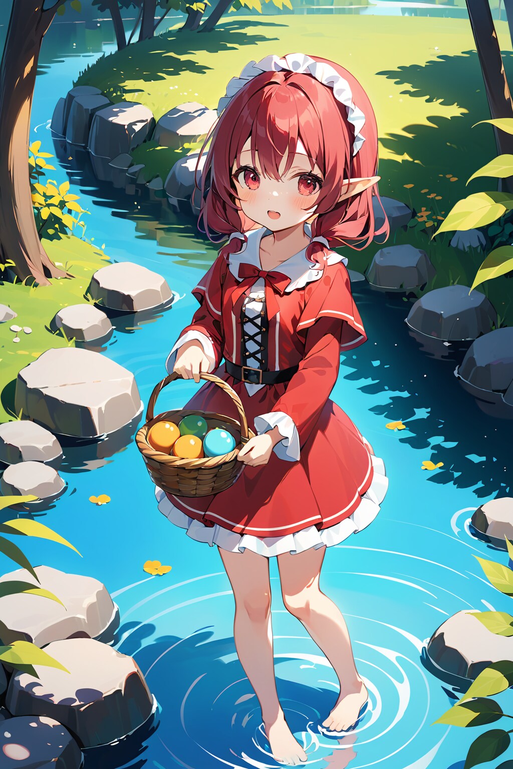 猟師が川の辺りでオオカミを待機してる間に、赤頭巾は無邪気に遊んで居る