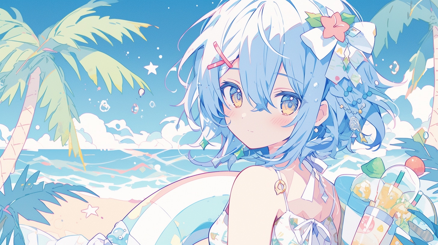 青髪少女のトロピカルビーチ冒険 | の人気AIイラスト・グラビア