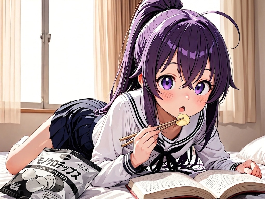 箸でポテチを食べるクノイチ