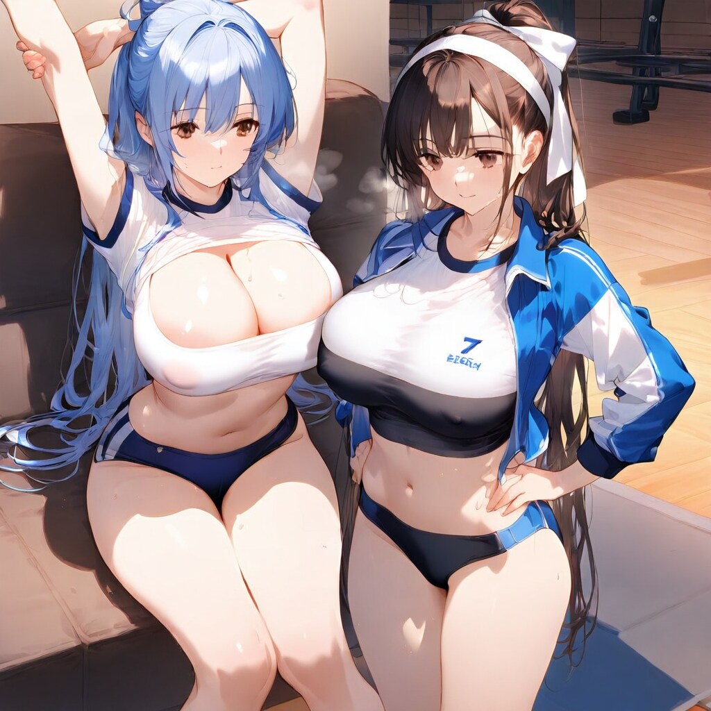 ストレッチしている青系ロングヘア美女の近くに来た黒髪巨乳美女
