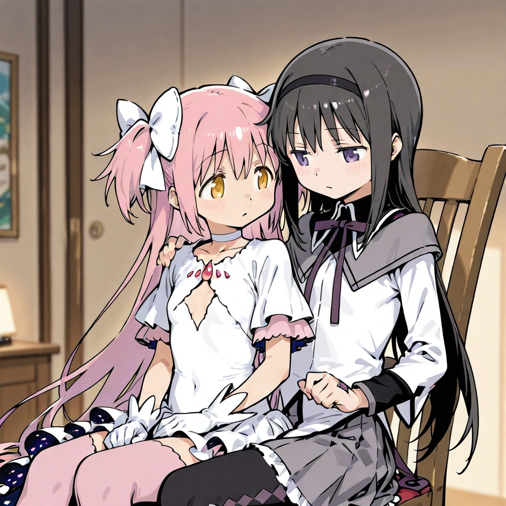 暁美ほむらの膝の上に座るアルティメットまどか