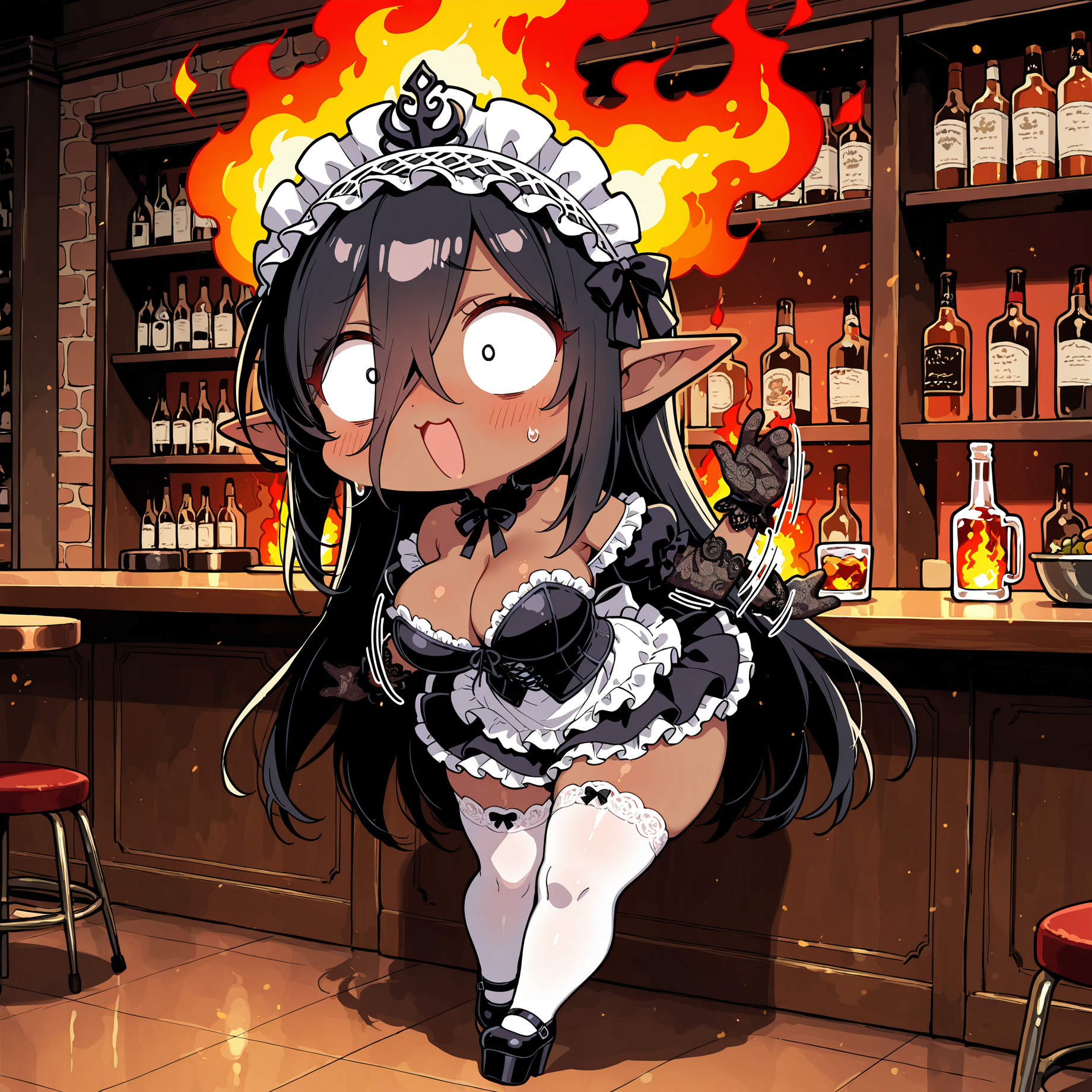 達人の真似をしてカウンターを燃やす堕エルフちゃん