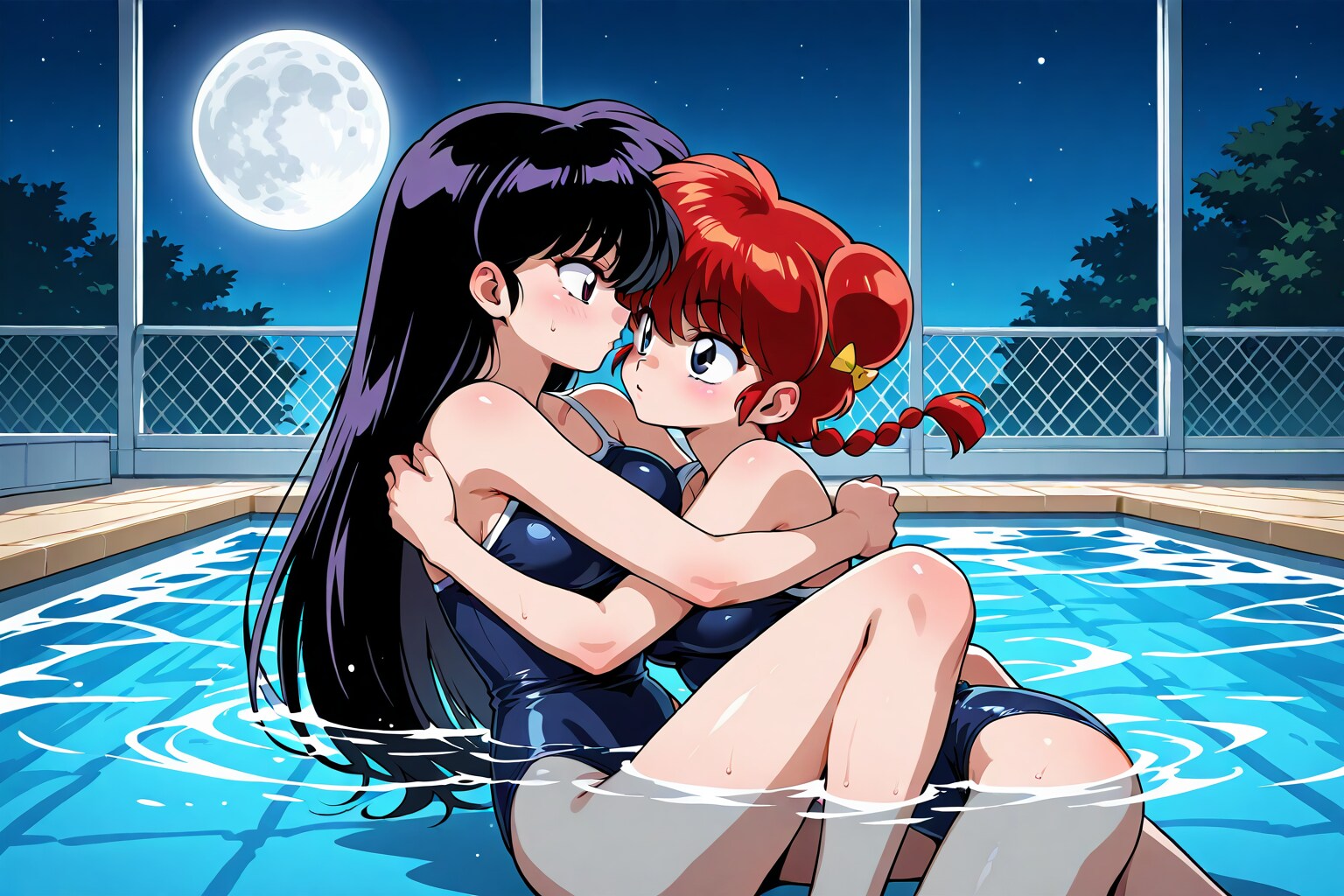 幼児プールで抱き合う