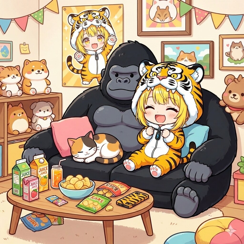 ゴリラソファーに座る虎娘ちゃん