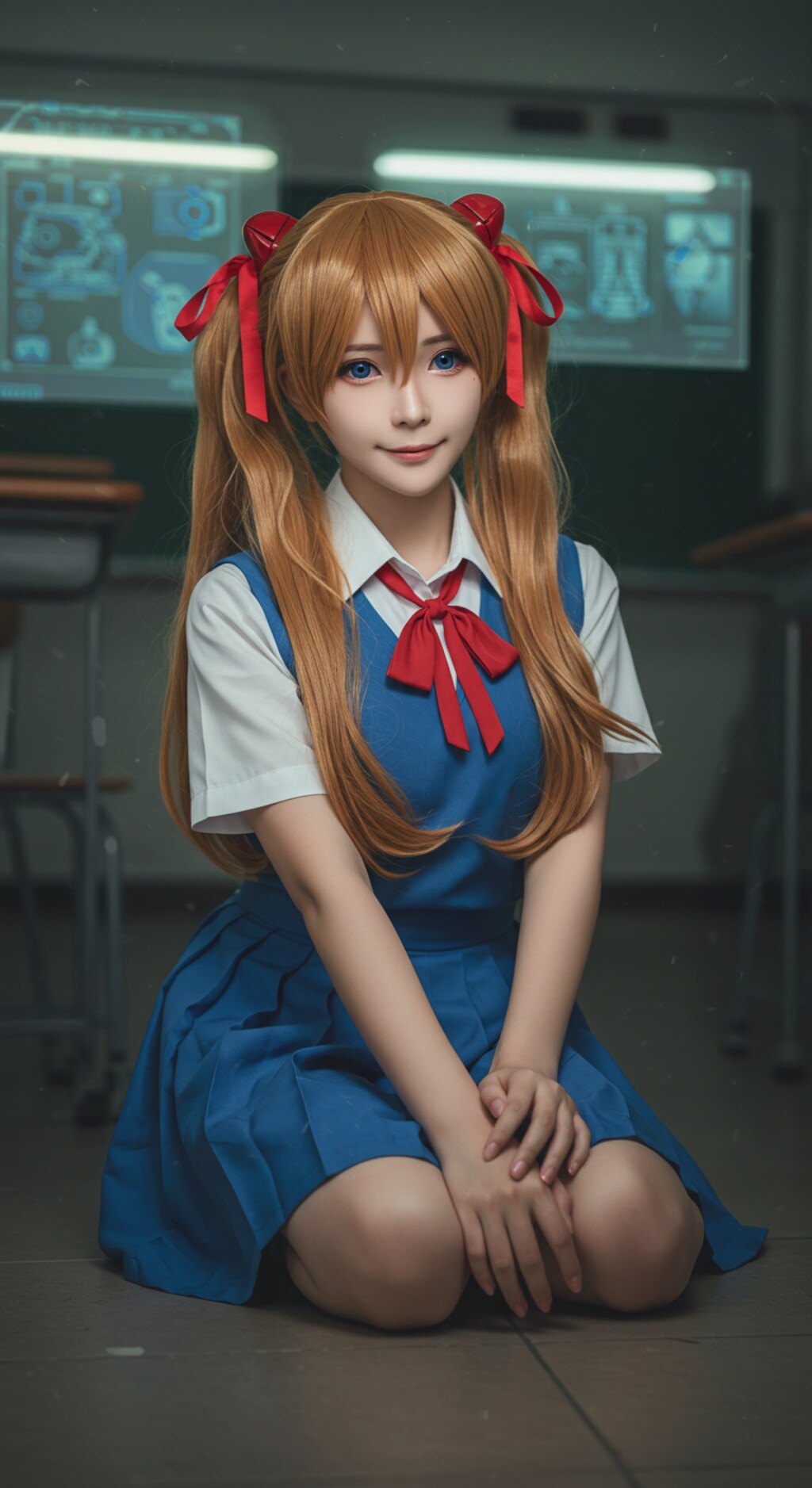 エヴァコスプレ：赤い髪と制服のコントラスト！｜エヴァコスプレ：無機質な空間に佇むレイ