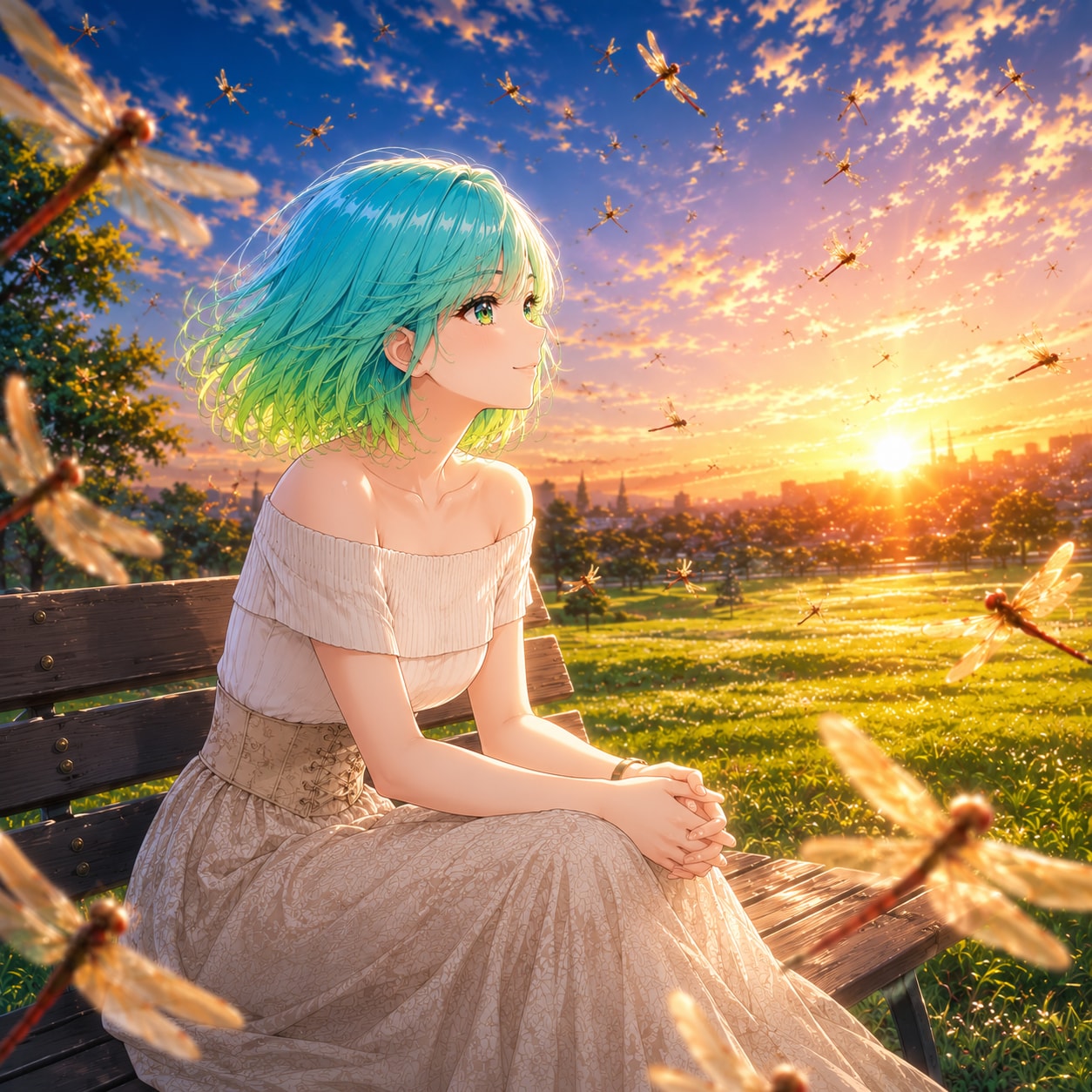 夏の夕陽と赤トンボ