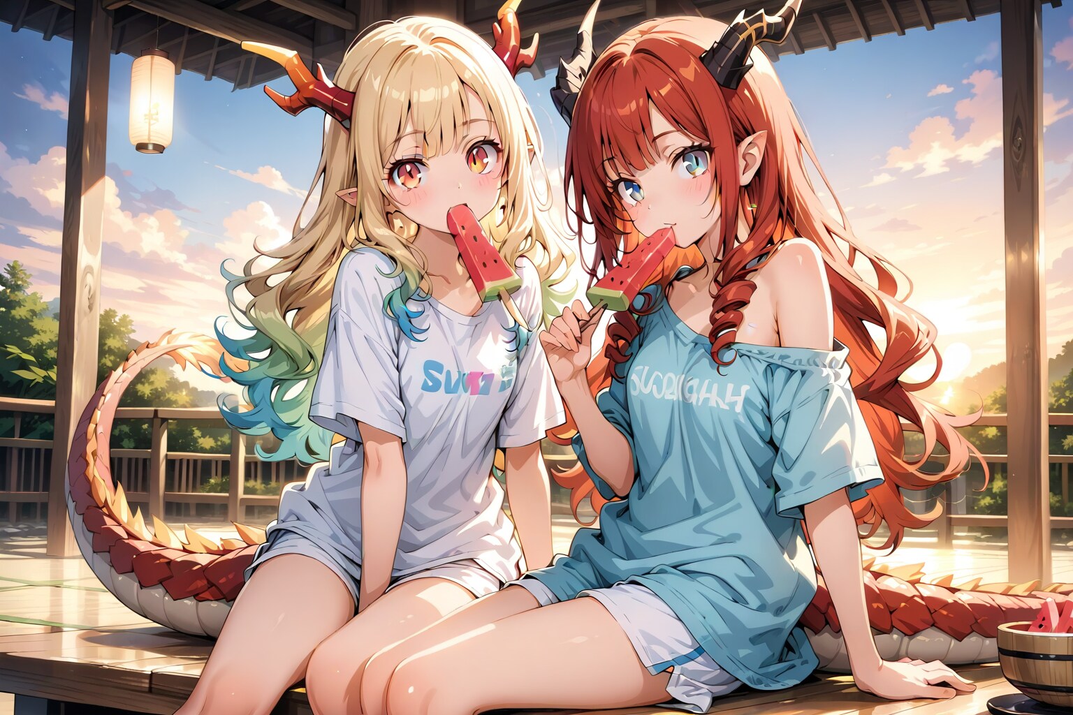 スイカバーを食べるドラゴン | の人気AIイラスト・グラビア