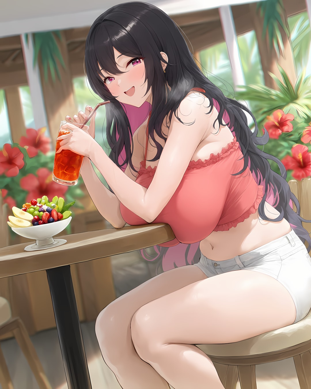 【PixAI】ハイビスカスの日🌺リナとハワイアンカフェデート♡ | の人気AIイラスト・グラビア