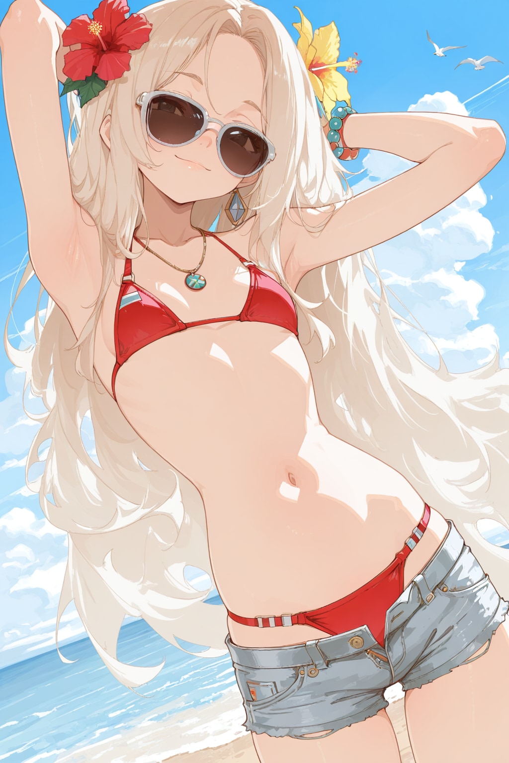 海で【#サングラス】かけた女の子（PuiAll+SDXL）