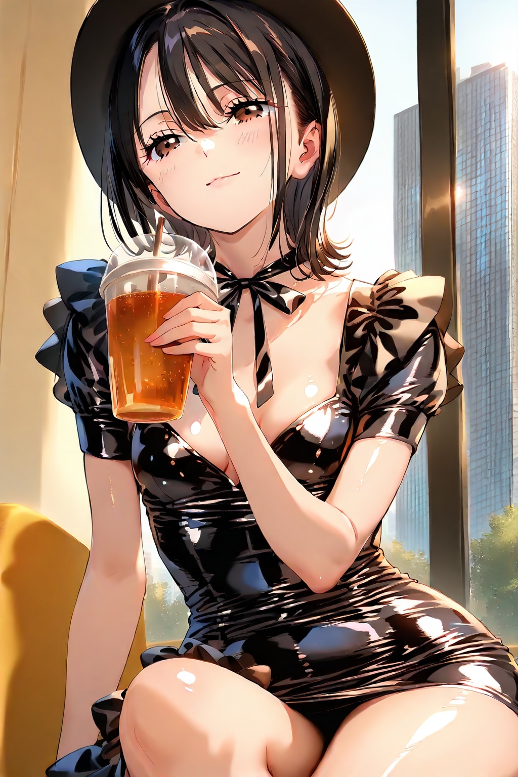 艶々黒ワンピース女子