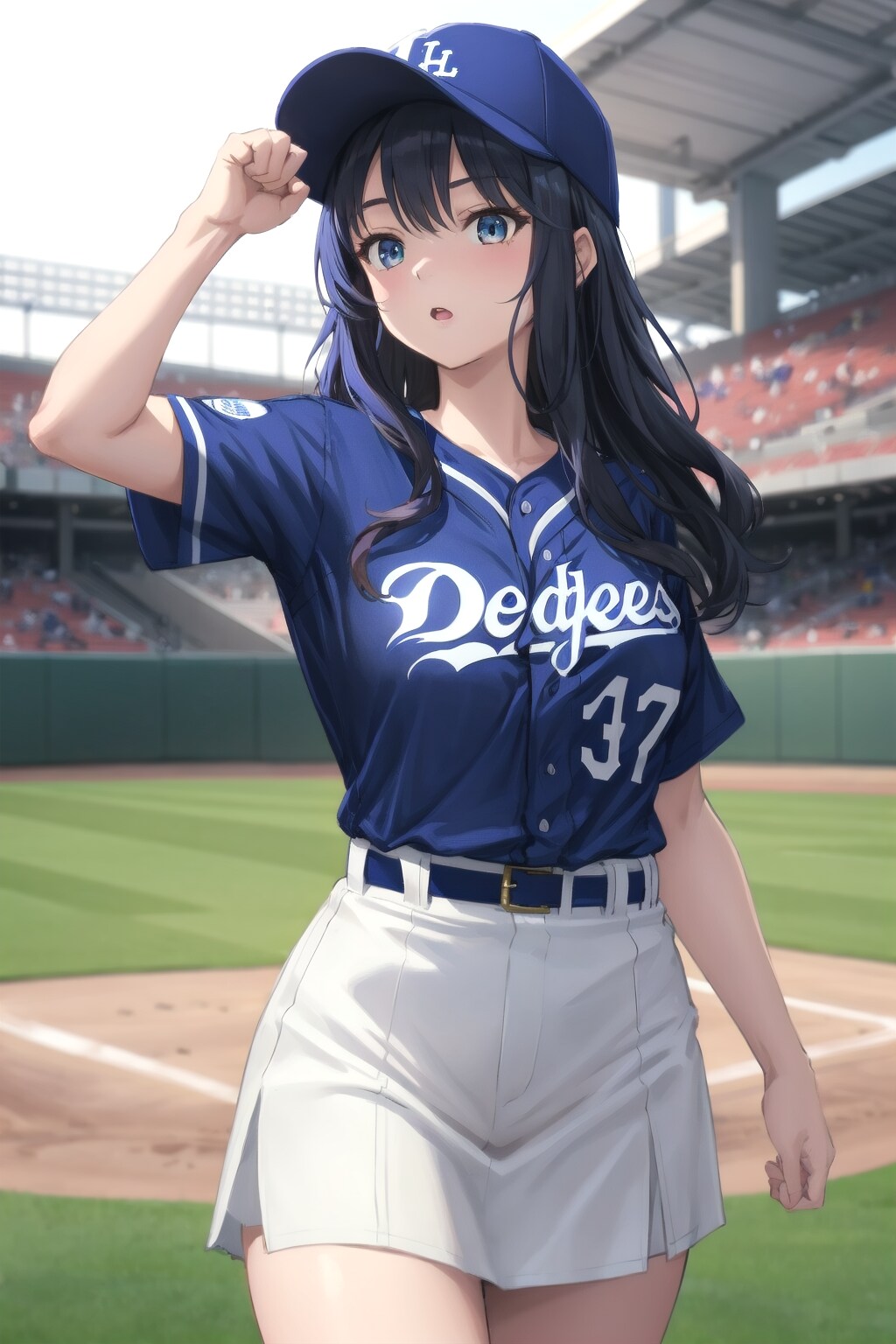 ドジャースユニフォームの黒髪少女