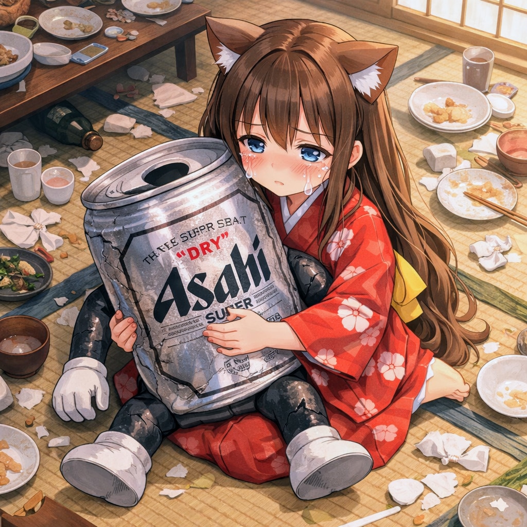 ボロボロとなったビール缶を見つけた小さな女の子