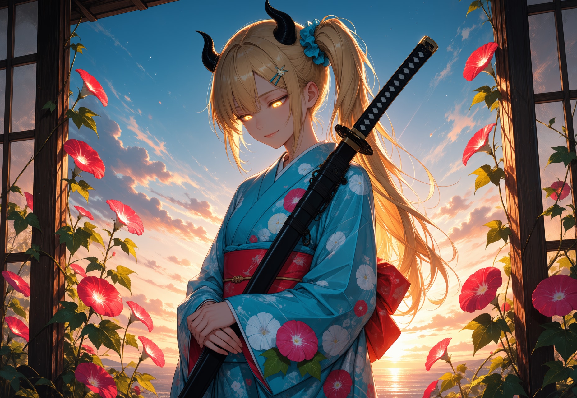 朝焼けと朝顔と着物女鬼高生さん | の人気AIイラスト・グラビア