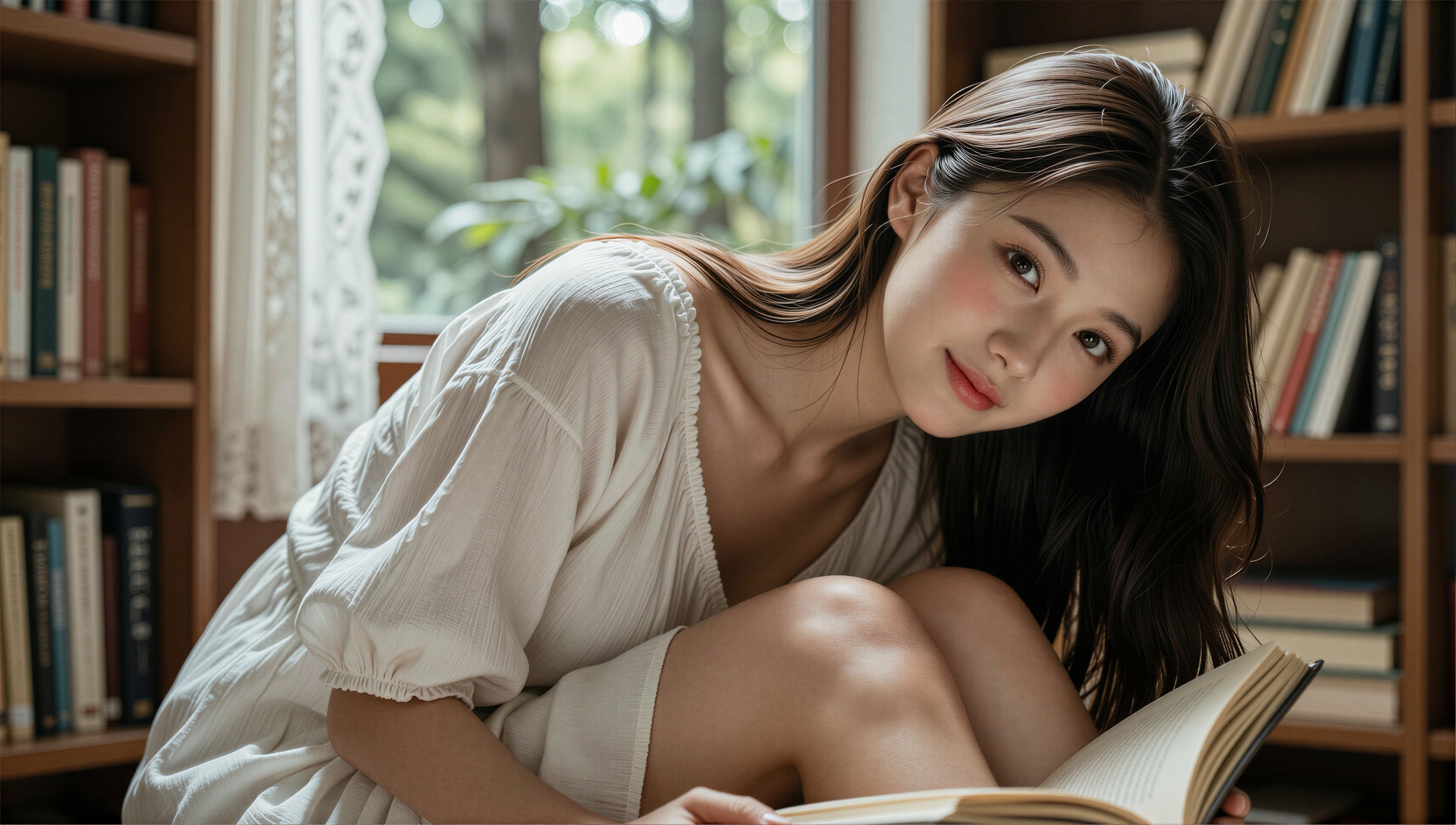 白いドレスと本の静かな時間 3
