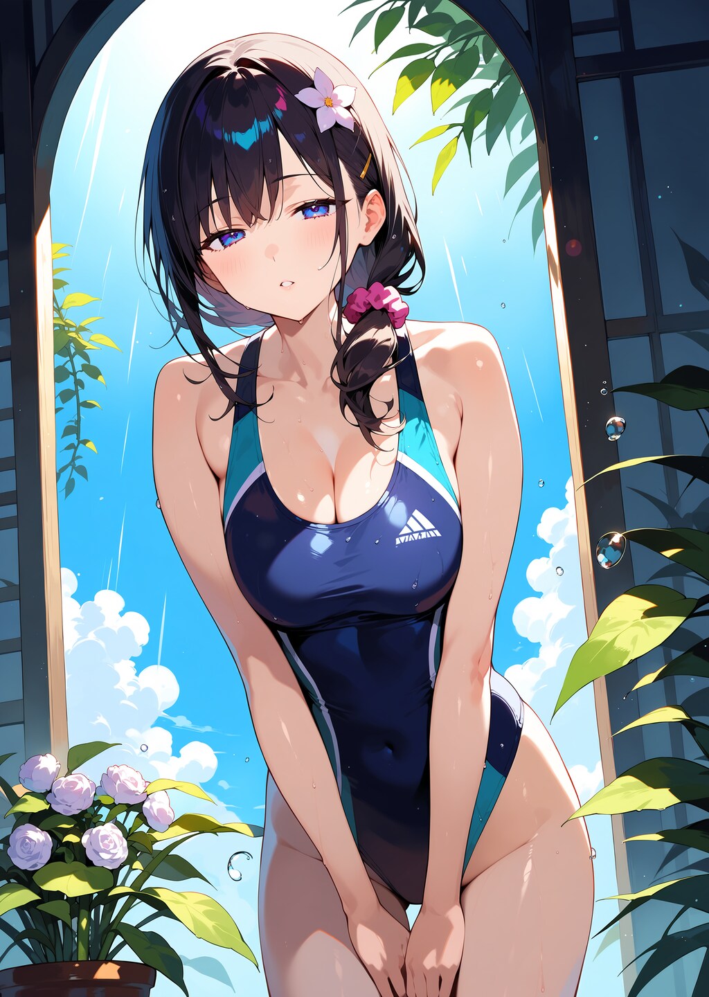 ワンピース水着♪　黒髪ロング