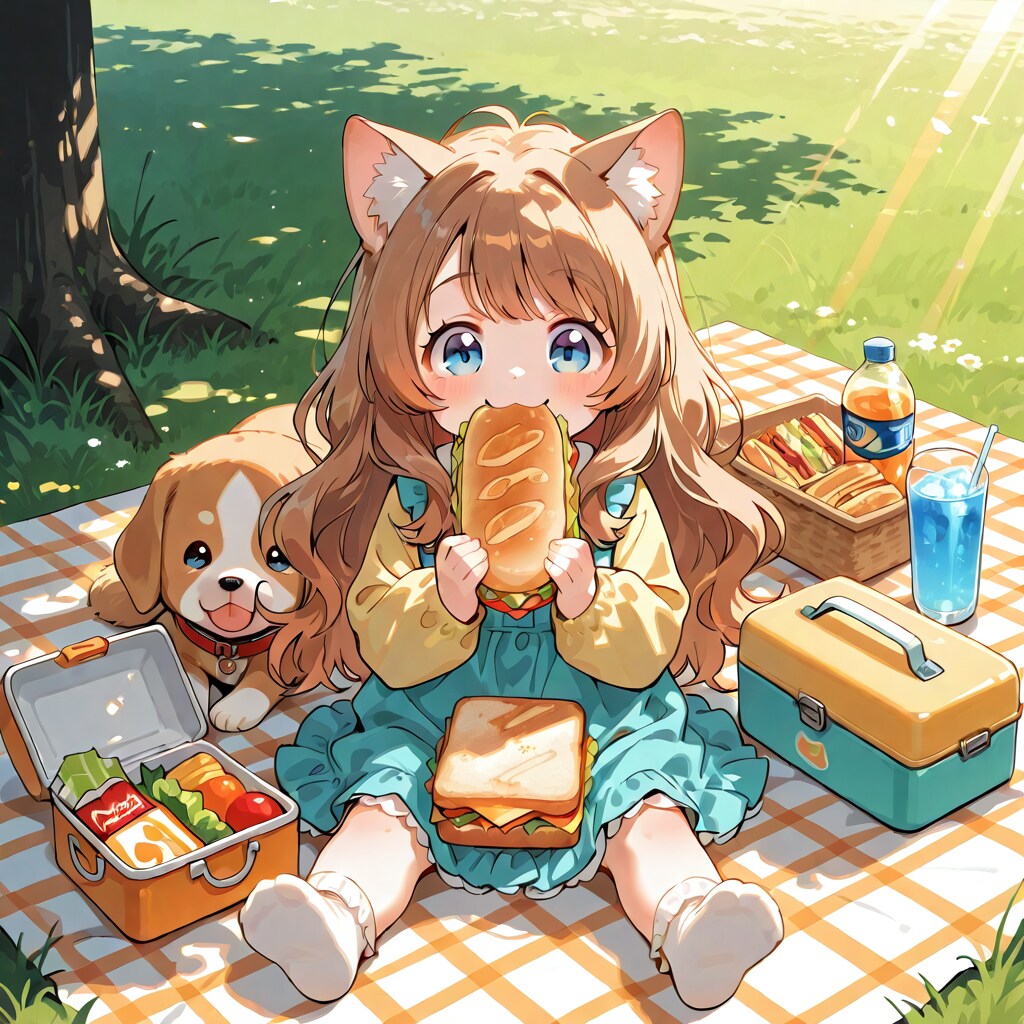 子犬とピクニックの小さな女の子
