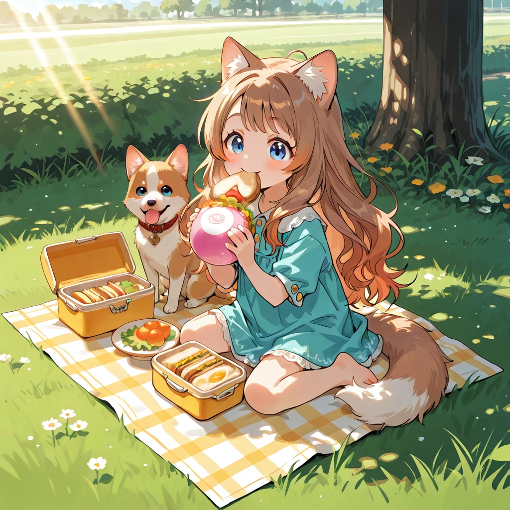 子犬とピクニックの小さな女の子