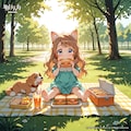 子犬とピクニックの小さな女の子 2枚目