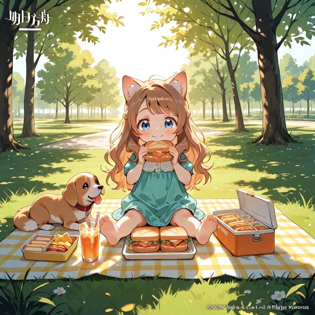 子犬とピクニックの小さな女の子