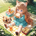 子犬とピクニックの小さな女の子 3枚目