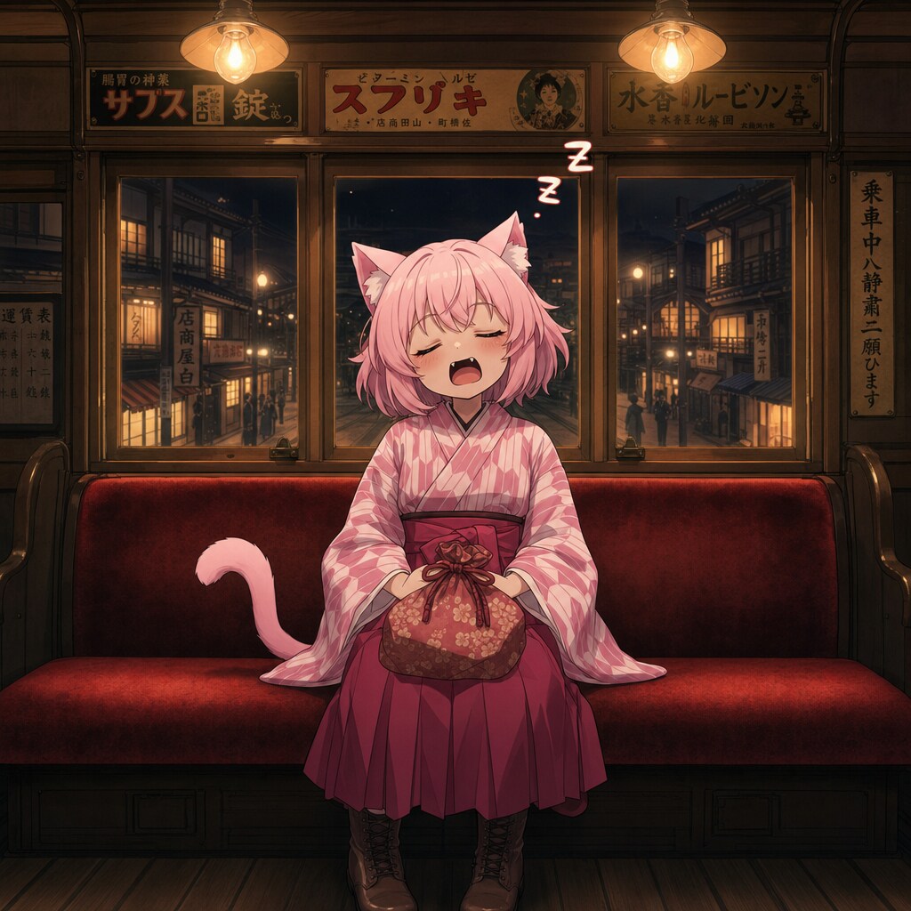 列車の車内で寝ちゃったねこちゃん