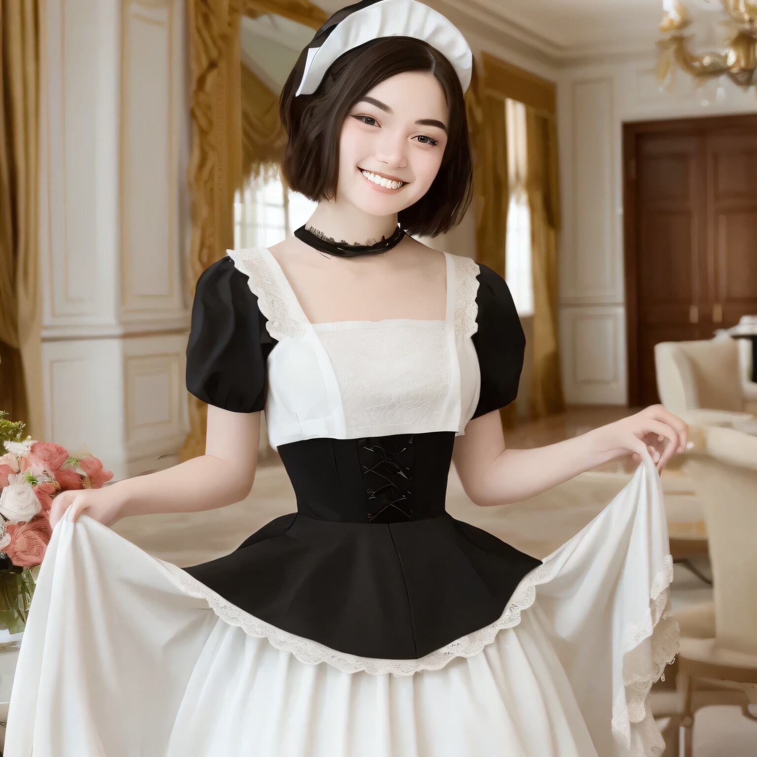 黒髪ボブでメイド服の美女１４ | の人気AIイラスト・グラビア