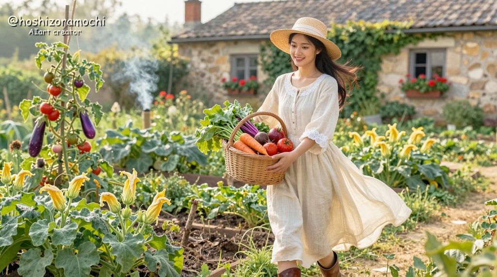 朝露に輝く庭園での収穫の喜び