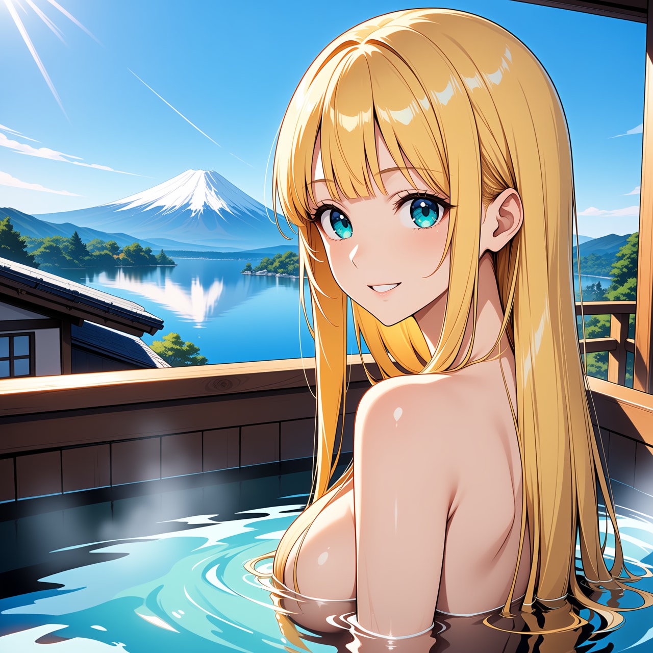 温泉露天風呂と金髪美女(モデル：アリエス王女)