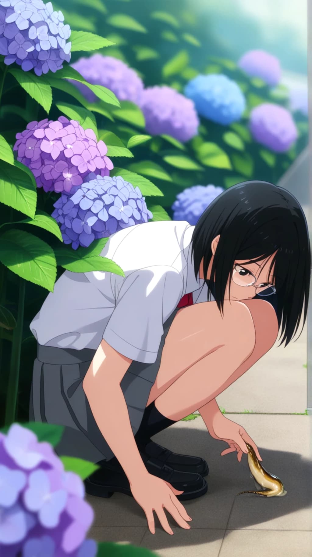 眼鏡ちゃん　紫陽花とナメクジ