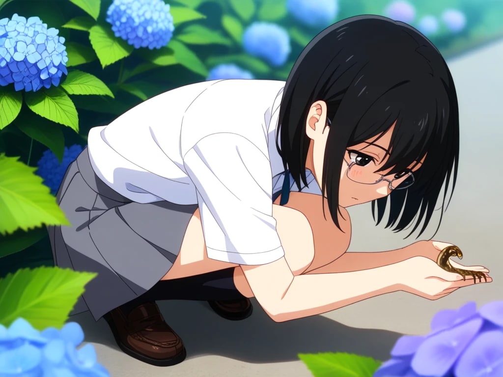 眼鏡ちゃん　紫陽花とナメクジ