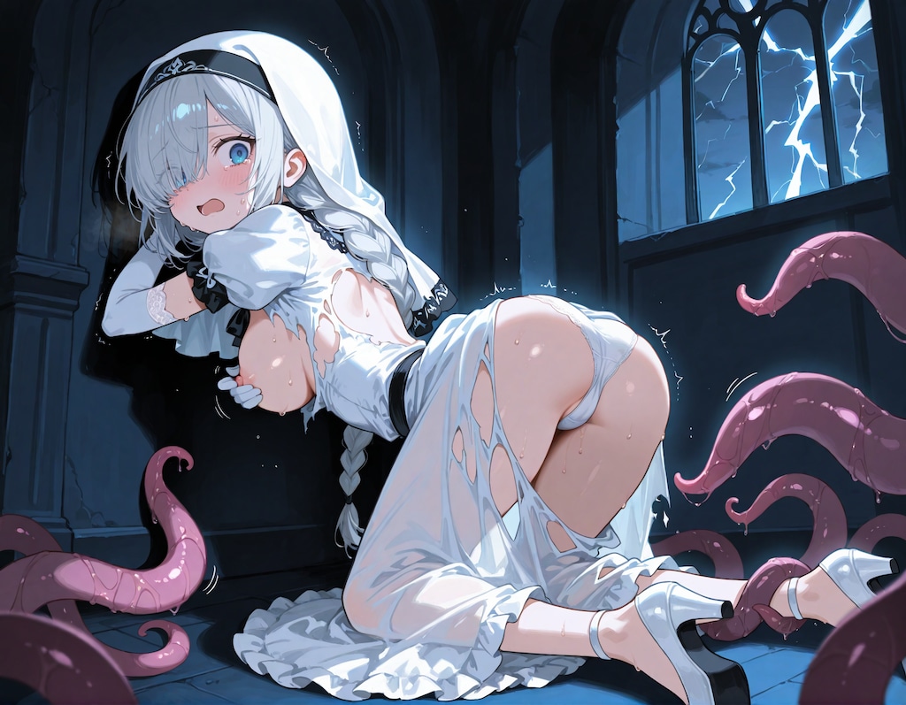 触手に襲われた白いドレスの少女