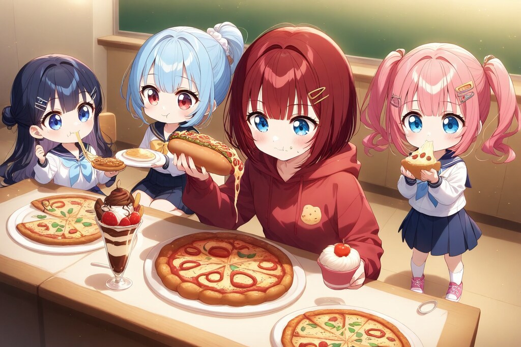 GPU学園の学食で我が物顔で食事をする電脳内赤髪ちゃんズ