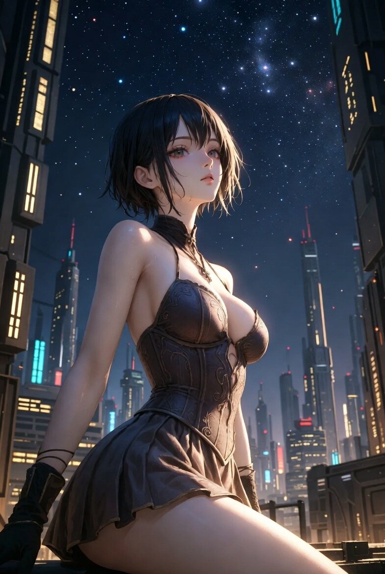星空と高層ビルと美女