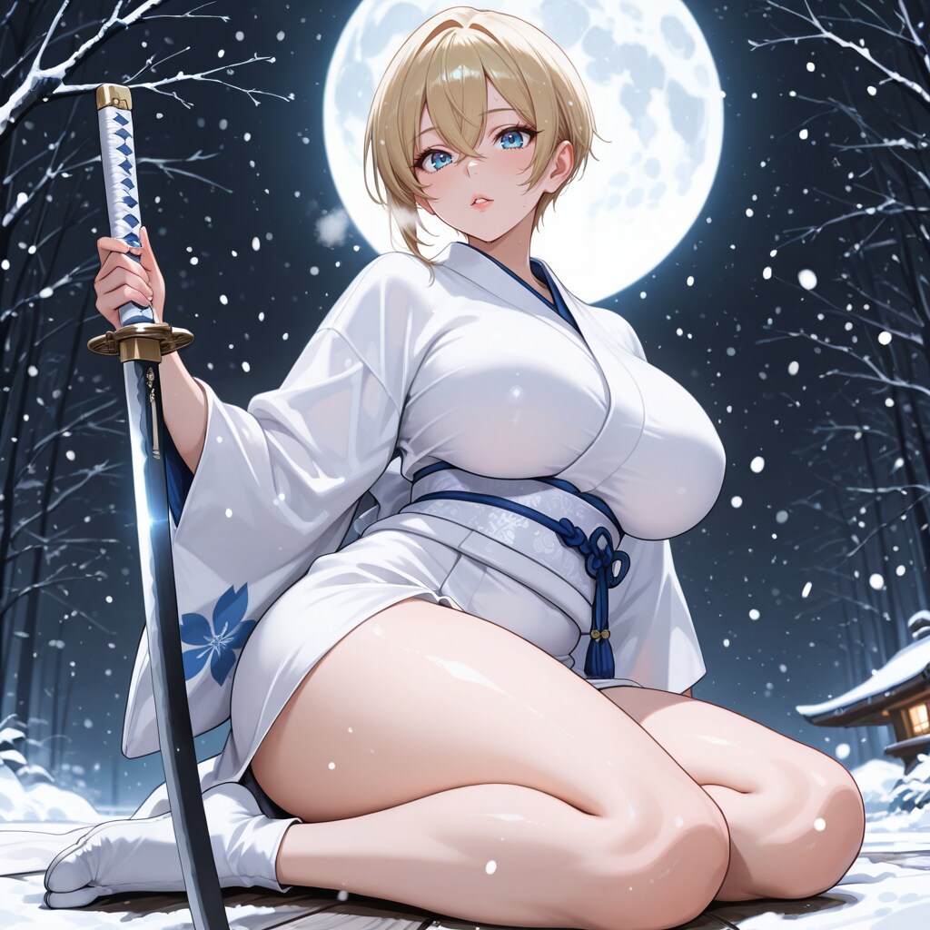 白雪と満月と日本刀