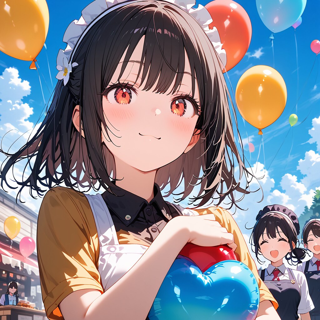 いっぱい風船を持つ黒髪のレストランの美女店員さん。 | の人気AIイラスト・グラビア