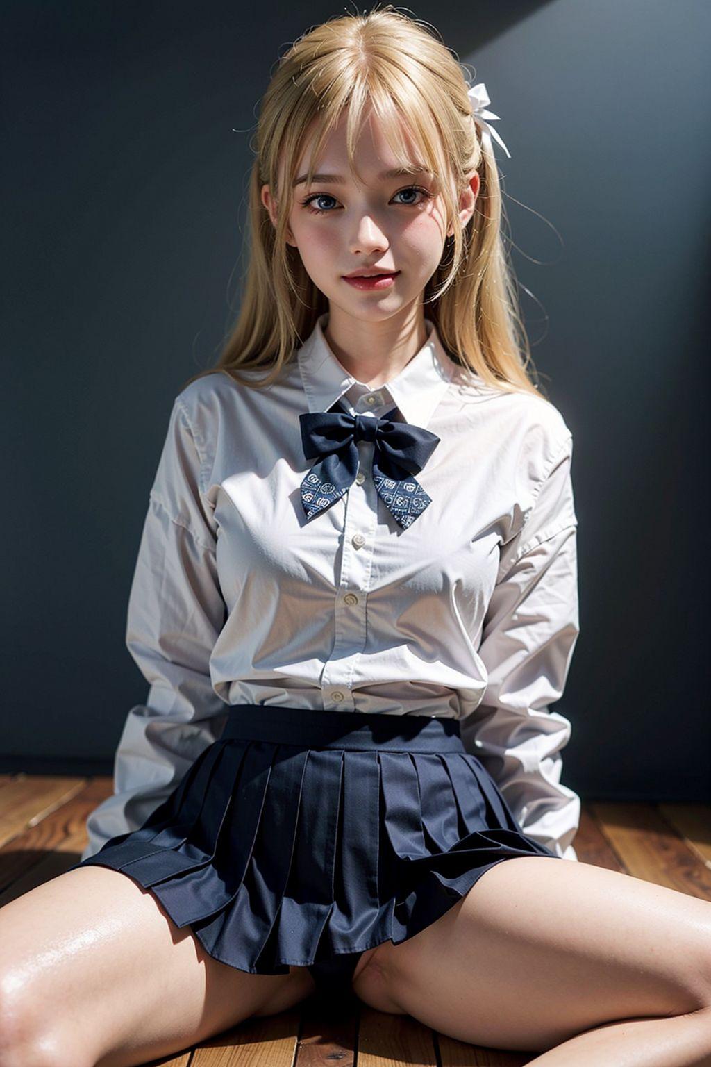 AIイラスト白ギャル貧乳ロリ顔　エロ画像　18歳女子校生海外コスプレイヤー　私のパンツを見てください！