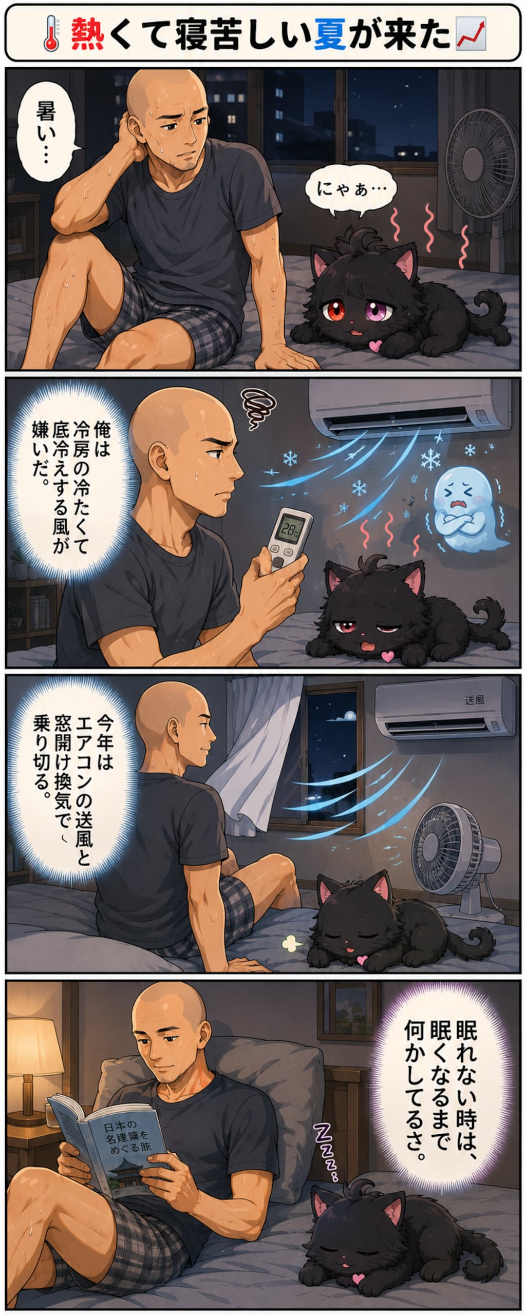 4コマ漫画：俺の宇宙報酬🌌 | 寝苦しい熱帯夜🌇 | ちちぷい投稿ネタ🖼️ | 俺の幸せ☺️