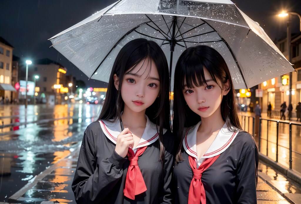 雨の中、夜歩く二人の女子高生