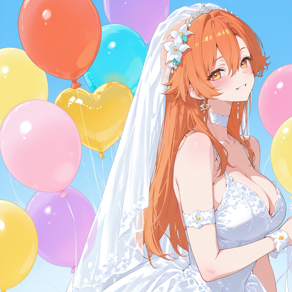 いっぱい色とりどりの風船を持つオレンジ髪ロングのウェディングドレス着た美女