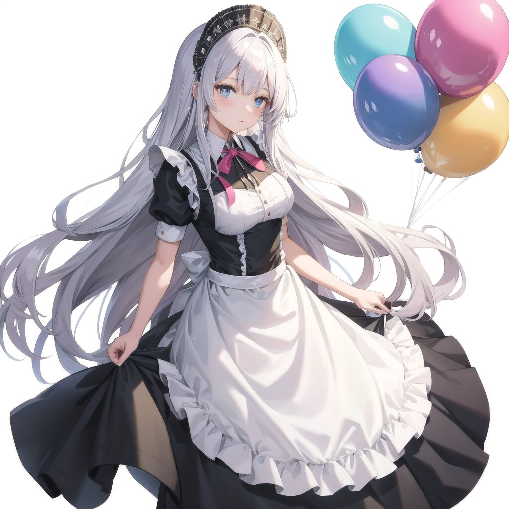 いっぱい色とりどりの風船を持つ銀髪ロングのメイド服着た美女 | の人気AIイラスト・グラビア