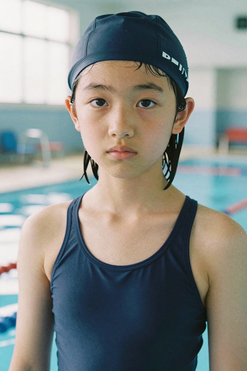 スク水に袖を通したばかりの彼女…プールの水面に映る無垢な瞳